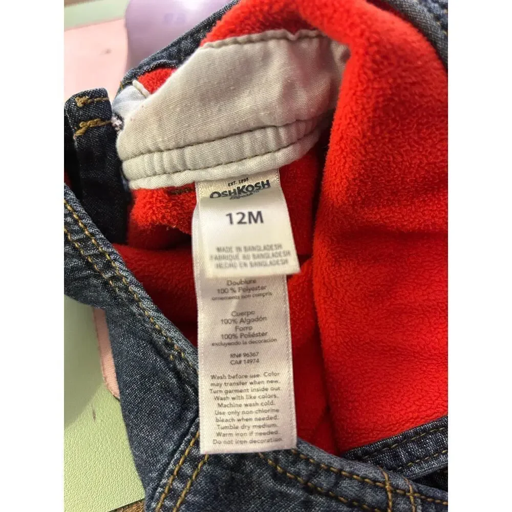 OSHKOSH B’GOSH Unisex Toddler Fleece Lined Jean Bib Overalls / Size: 12 Months